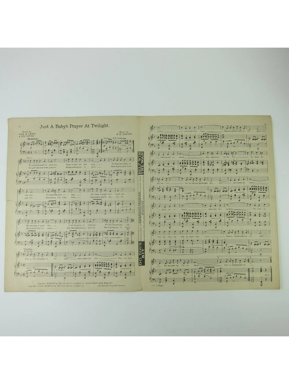 Sheet Music Just a Baby's Prayer at Twilight For Her Daddy Over WWI Antique 1918